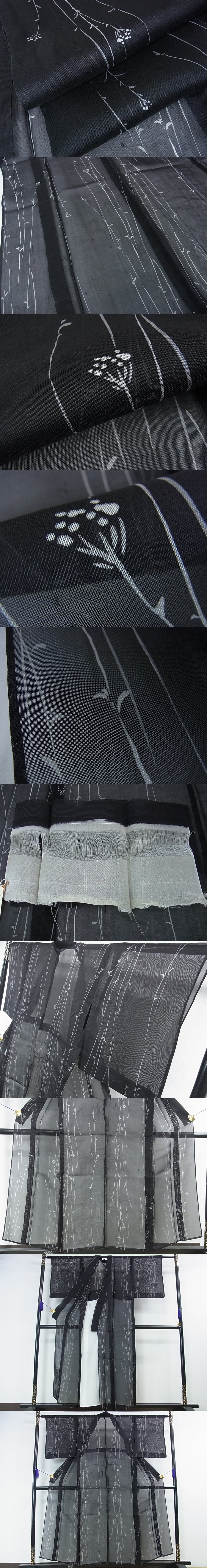 平和屋2■極上　夏物　絹芭蕉　小紋　草花　黒地　反端付き　逸品　4kh2147