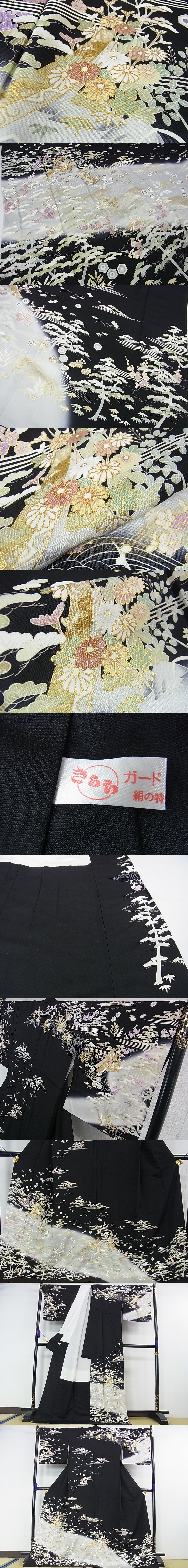 平和屋2■極上　訪問着　駒刺繍　短冊吉祥花文　黒地　金彩　トールサイズ　逸品　DZAA0144kh4