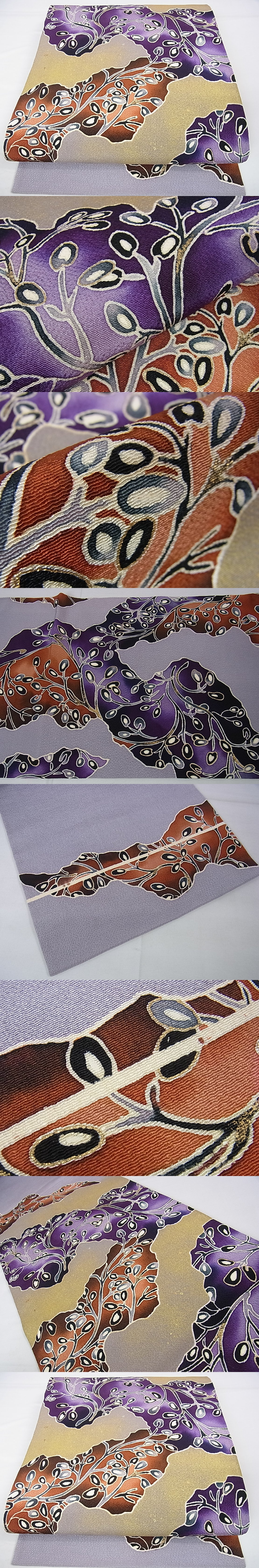 平和屋2■極上　浦野理一　金彩友禅　九寸開き名古屋帯　型染　枝葉文　鬼しぼ縮緬　金彩　逸品　DZAA0194kh4