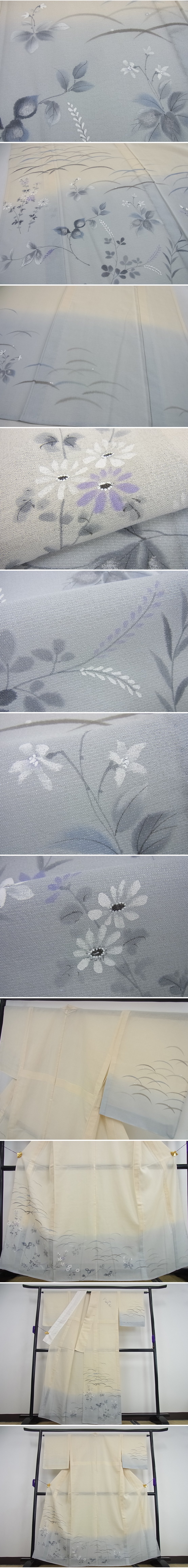 平和屋着物■極上　夏物　訪問着　紗紬　手描き　草花文　暈し染め　銀通し地　逸品　未使用3s721